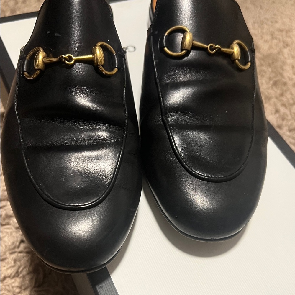 Gucci Black Leather Mules with Gold Accents - Picture 2 of 4